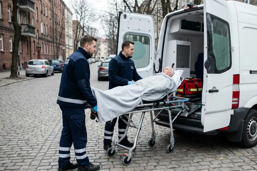 Ratownicy wprowadzają pacjenta na noszach do auta transportu medycznego
